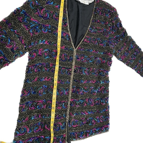 Scala Women Beaded sequin Black & rainbow Cardigan Jacket Blouse Sz 2x - Picture 2 of 8
